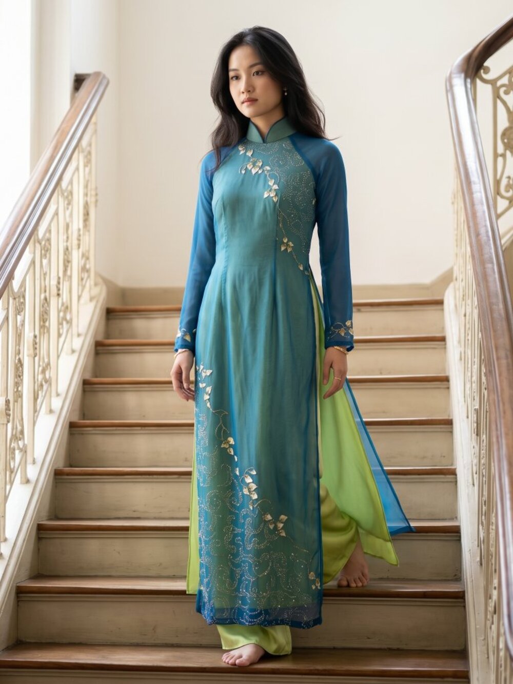 Vintage Ao Dai Teal Blue Sheer Long Sleeve Gold Ivy Print Beaded Glimmer Side Sl